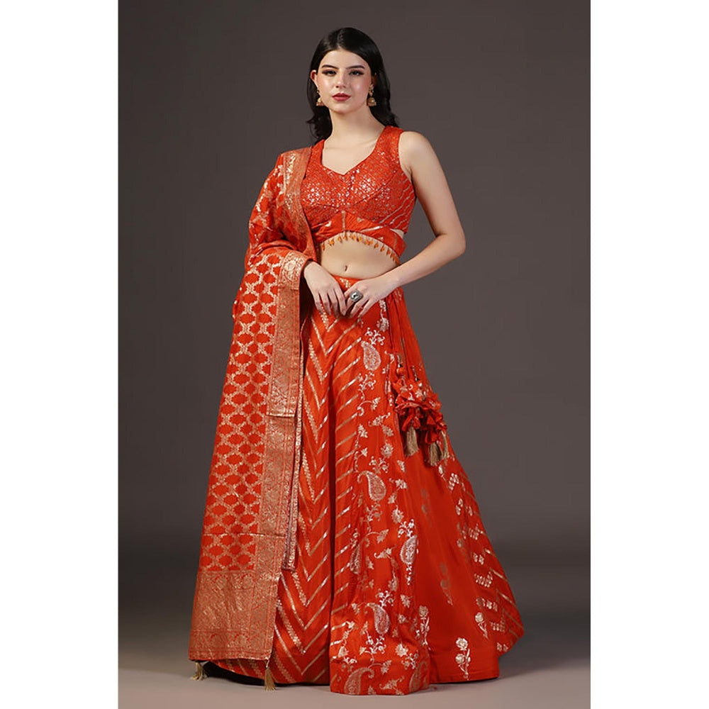 "Two Sisters" by Gyans Burnt Orange Sequins Embroidered Banarasi Silk Lehenga Sets 0F 3
