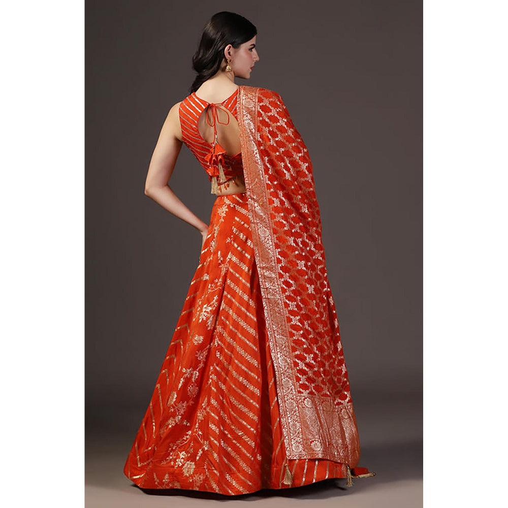 "Two Sisters" by Gyans Burnt Orange Sequins Embroidered Banarasi Silk Lehenga Sets 0F 3