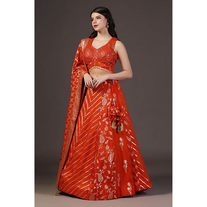 "Two Sisters" by Gyans Burnt Orange Sequins Embroidered Banarasi Silk Lehenga Sets 0F 3