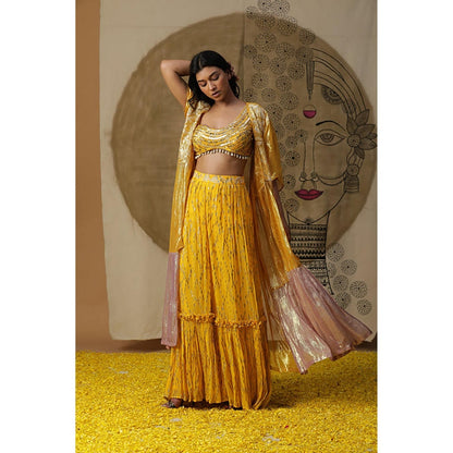 "Two Sisters" by Gyans Mustard Lehenga Set with Cape
