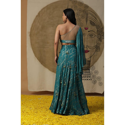 "Two Sisters" by Gyans Teal Blue Embellished Cotton Skirt Set