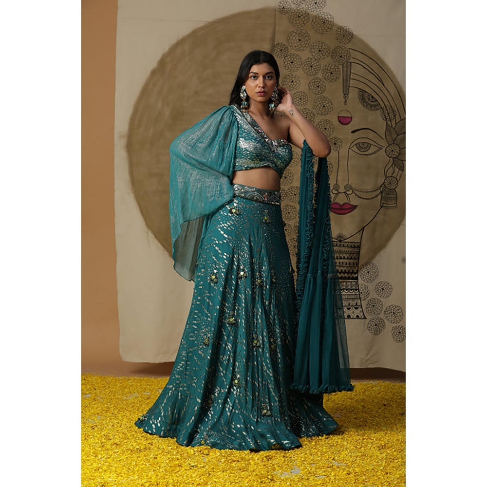 "Two Sisters" by Gyans Teal Blue Embellished Cotton Skirt Set