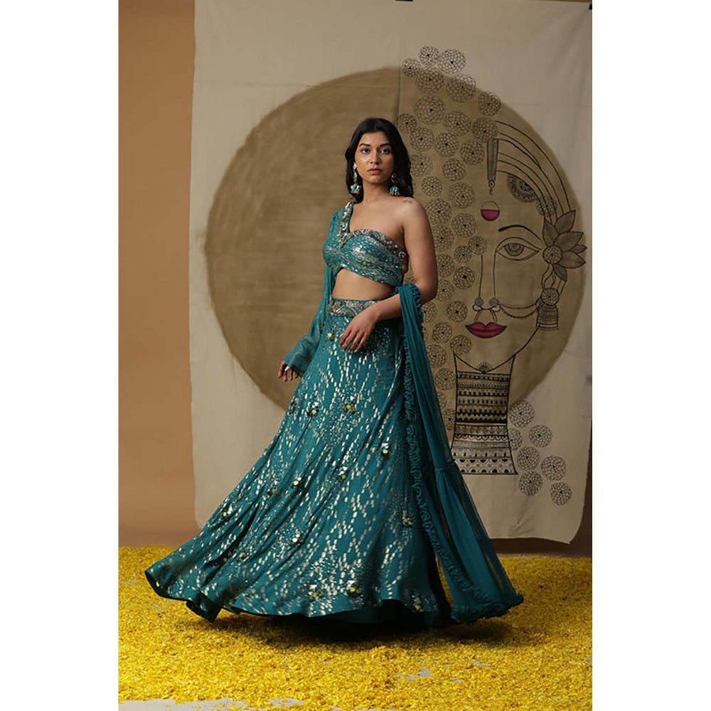 "Two Sisters" by Gyans Teal Blue Embellished Cotton Skirt Set