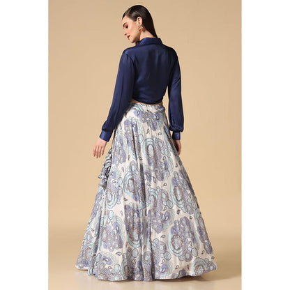 "Two Sisters" by Gyans Blue Shirt and Printed Lehenga Set