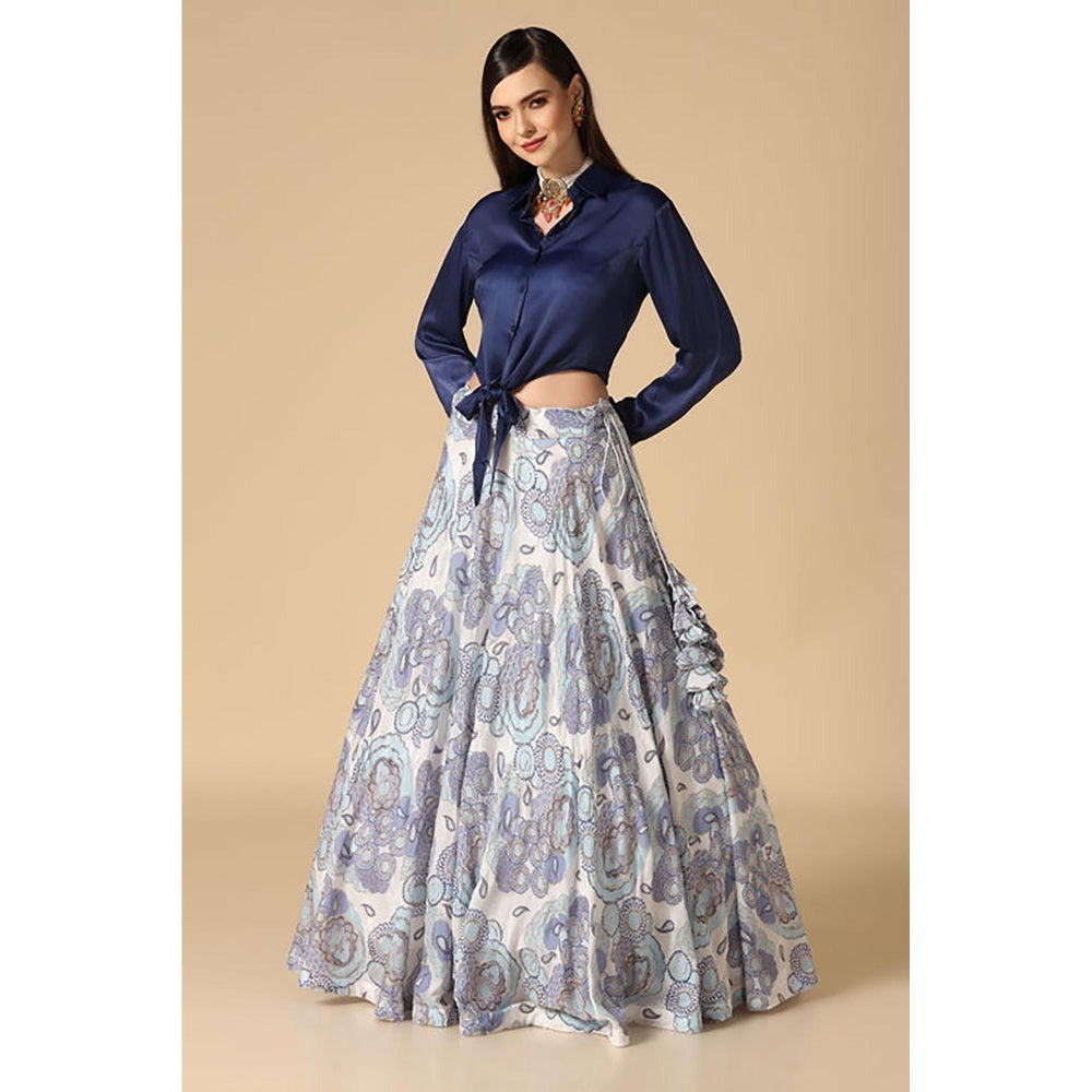 "Two Sisters" by Gyans Blue Shirt and Printed Lehenga Set