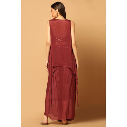 "Two Sisters" by Gyans Maroon Chiffon Embroidered Sleeveless Skirt with Bustier and Cape