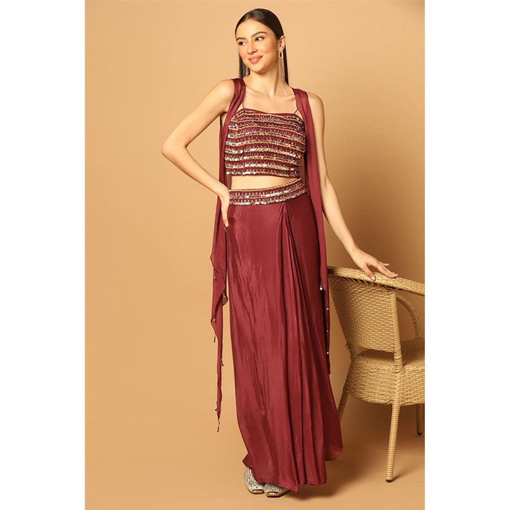 "Two Sisters" by Gyans Maroon Chiffon Embroidered Sleeveless Skirt with Bustier and Cape