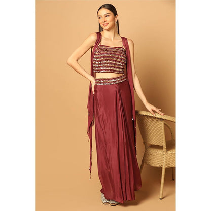"Two Sisters" by Gyans Maroon Chiffon Embroidered Sleeveless Skirt with Bustier and Cape