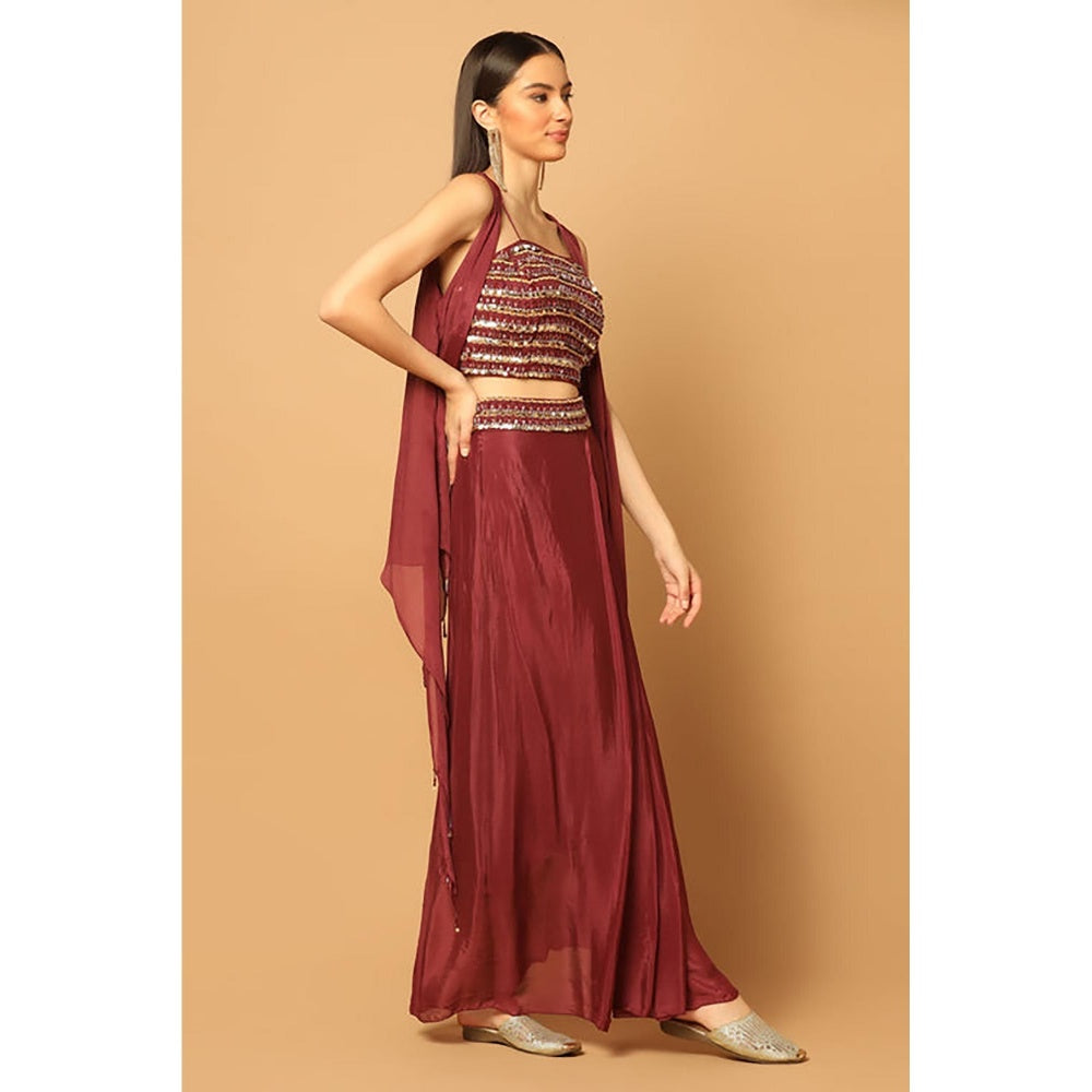 "Two Sisters" by Gyans Maroon Chiffon Embroidered Sleeveless Skirt with Bustier and Cape