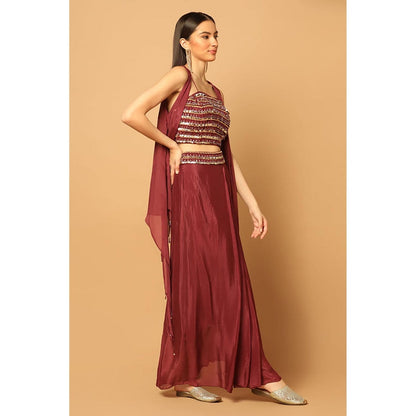 "Two Sisters" by Gyans Maroon Chiffon Embroidered Sleeveless Skirt with Bustier and Cape
