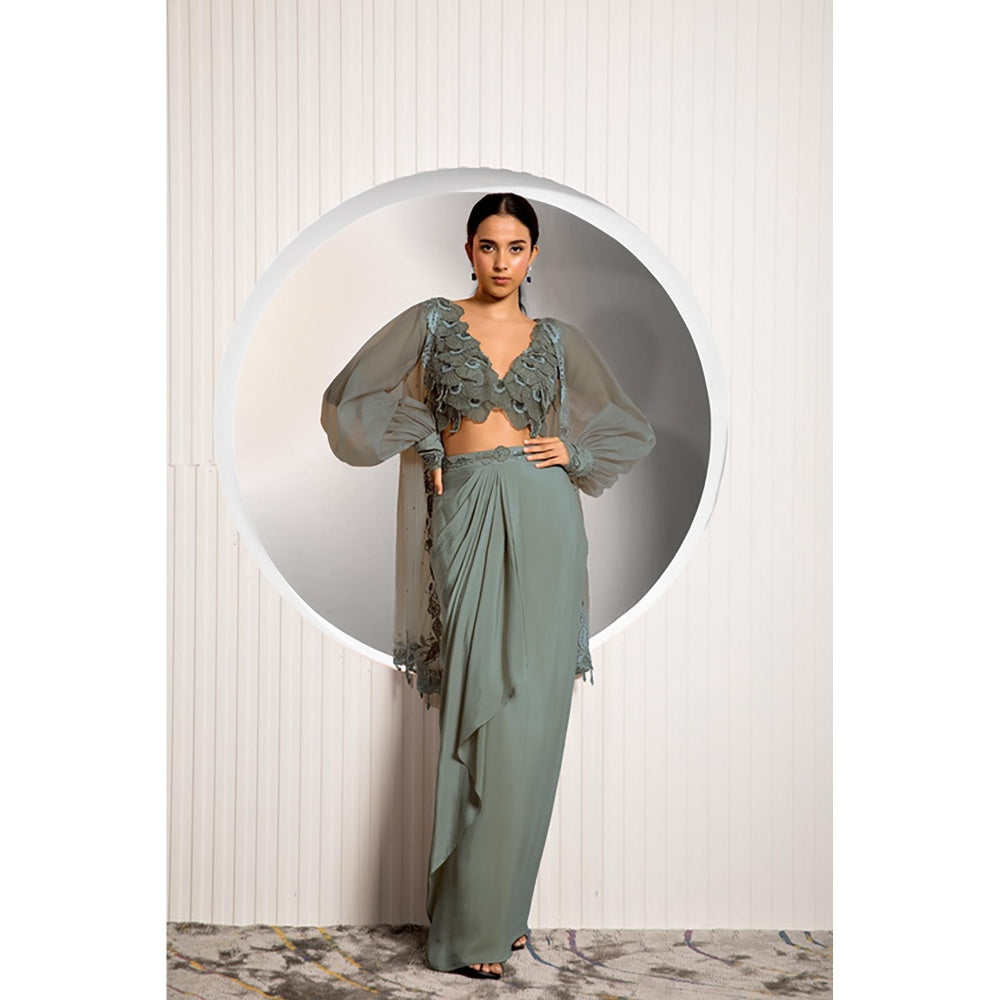 "Two Sisters" by Gyans Green Crepe Floral Balloon Sleeves Skirt with Blouse and Cape