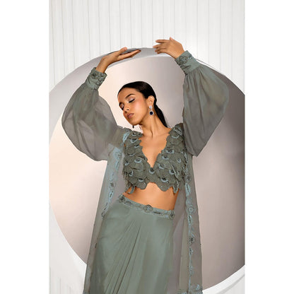 "Two Sisters" by Gyans Green Crepe Floral Balloon Sleeves Skirt with Blouse and Cape