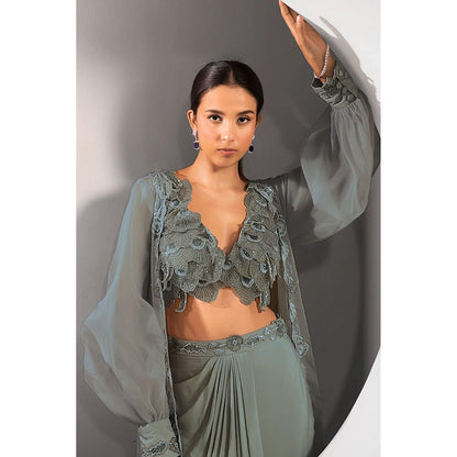 "Two Sisters" by Gyans Green Crepe Floral Balloon Sleeves Skirt with Blouse and Cape