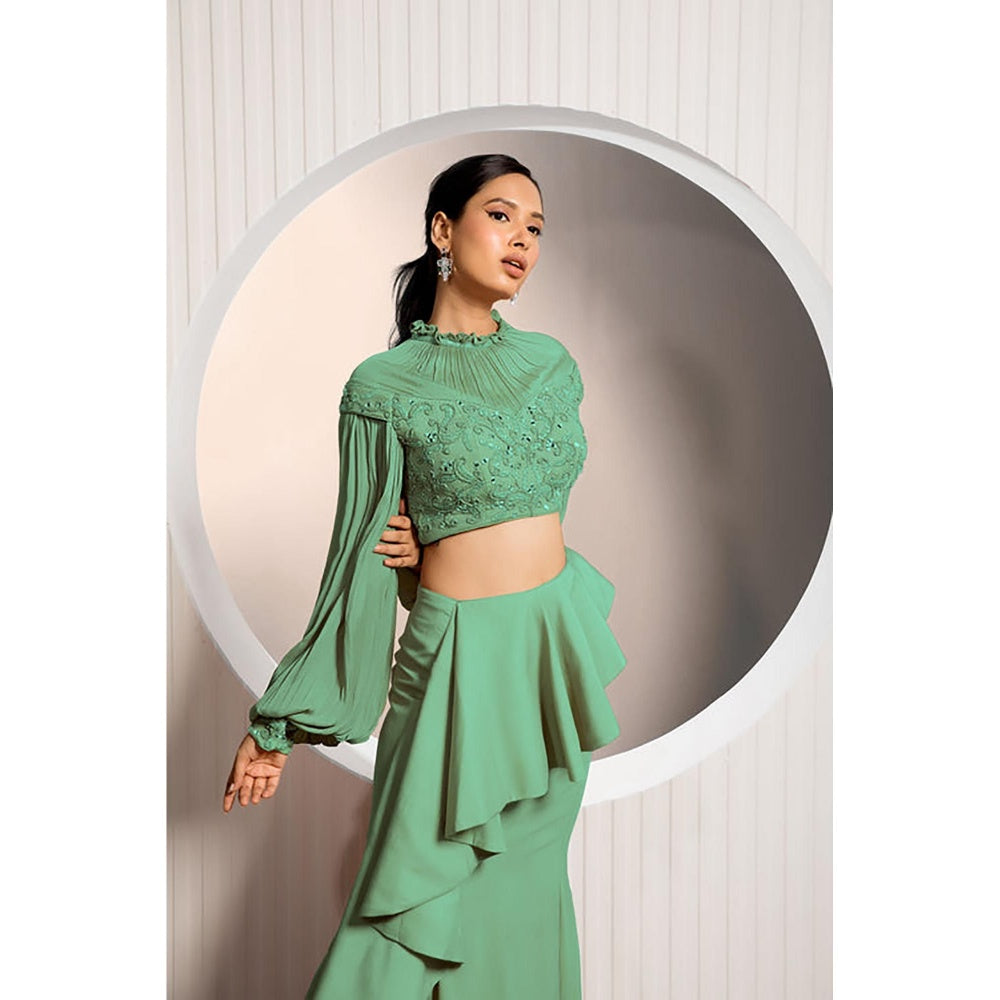 "Two Sisters" by Gyans Green Chiffon Embroidered Balloon Sleeves Skirt and Blouse