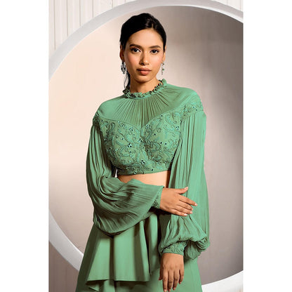"Two Sisters" by Gyans Green Chiffon Embroidered Balloon Sleeves Skirt and Blouse