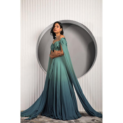 "Two Sisters" by Gyans Teal Georgette Embroidered Sleeveless Lehenga with Cape Blouse