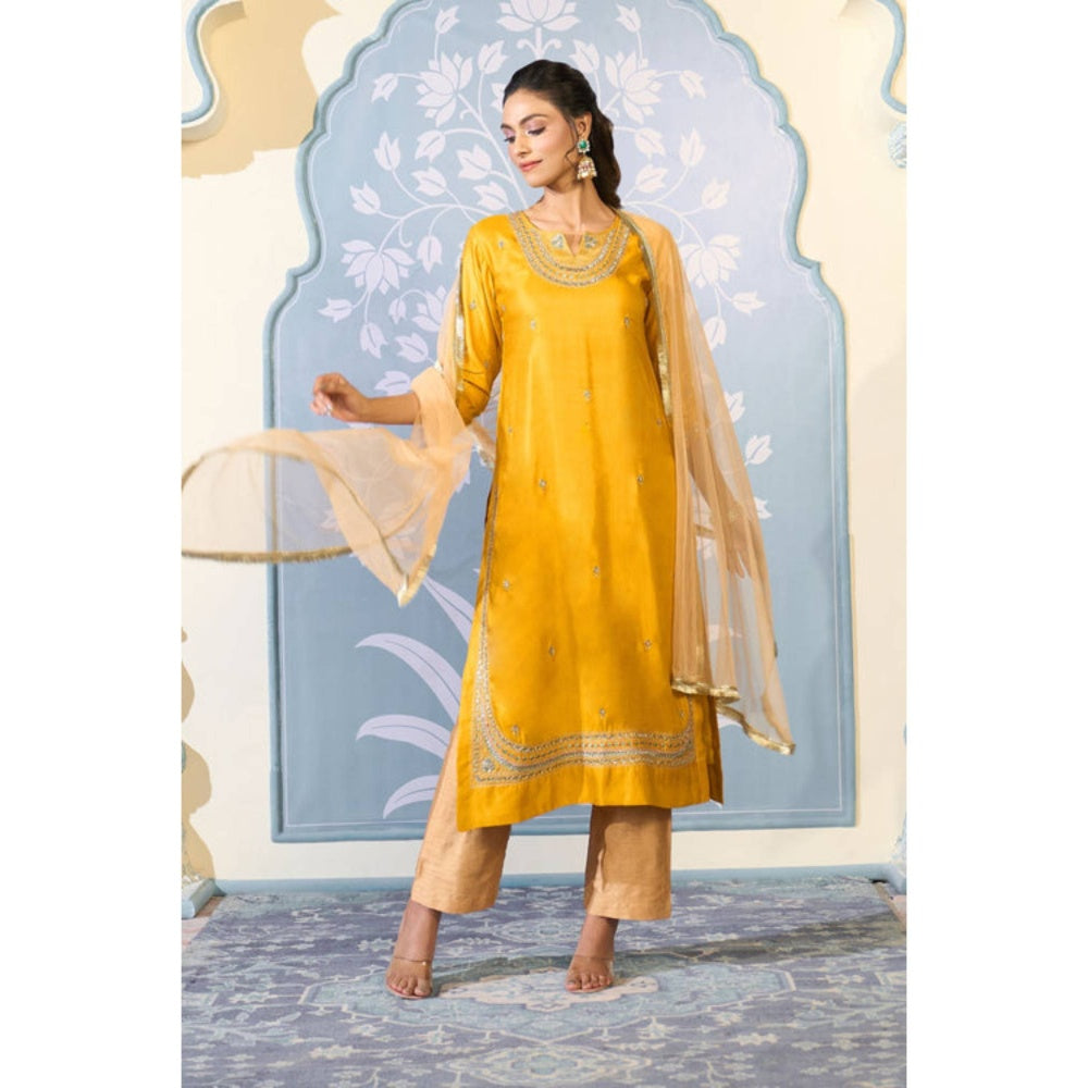 "Two Sisters" by Gyans Yellow Satin Embroidered Round Neck Kurta With Pant And Dupatta
