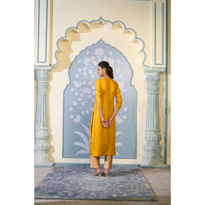 "Two Sisters" by Gyans Yellow Satin Embroidered Round Neck Kurta With Pant And Dupatta