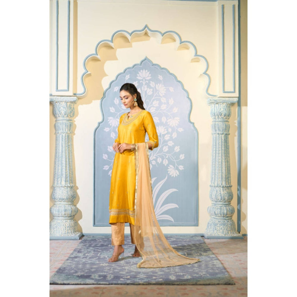"Two Sisters" by Gyans Yellow Satin Embroidered Round Neck Kurta With Pant And Dupatta