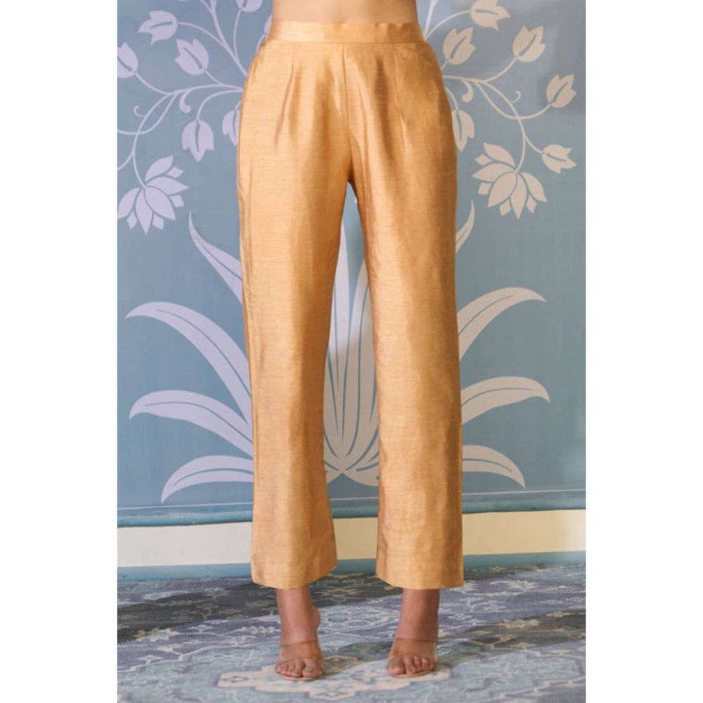 "Two Sisters" by Gyans Yellow Satin Embroidered Round Neck Kurta With Pant And Dupatta