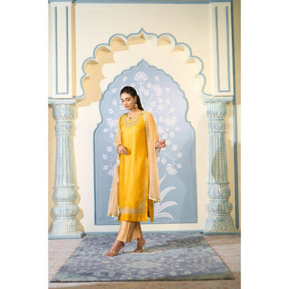 "Two Sisters" by Gyans Yellow Satin Embroidered Round Neck Kurta With Pant And Dupatta
