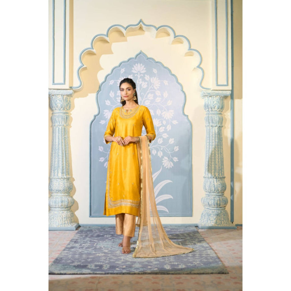 "Two Sisters" by Gyans Yellow Satin Embroidered Round Neck Kurta With Pant And Dupatta