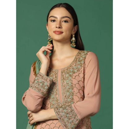 "Two Sisters" by Gyans Women Peach Georgette Embroidered Kurti with Sharara and Dupatta