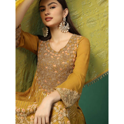 "Two Sisters" by Gyans Women Yellow Georgette Floral Kurta with Sharara and Dupatta
