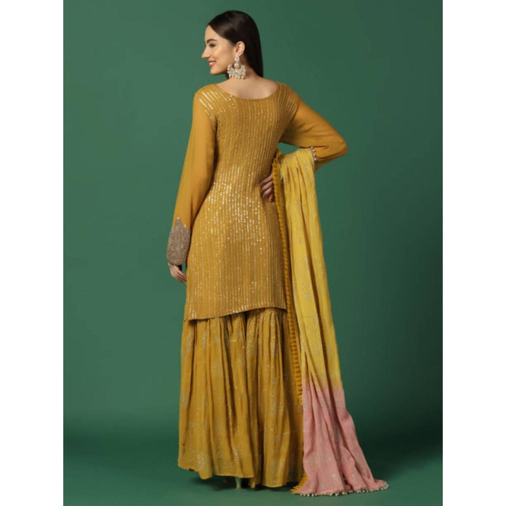 "Two Sisters" by Gyans Women Yellow Georgette Floral Kurta with Sharara and Dupatta