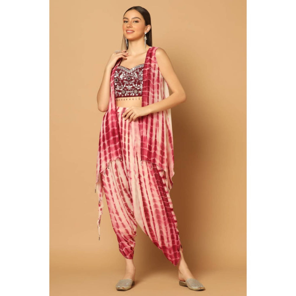 "Two Sisters" by Gyans Women Maroon Georgette Tie & Dye Blouse with Dhoti and Cape