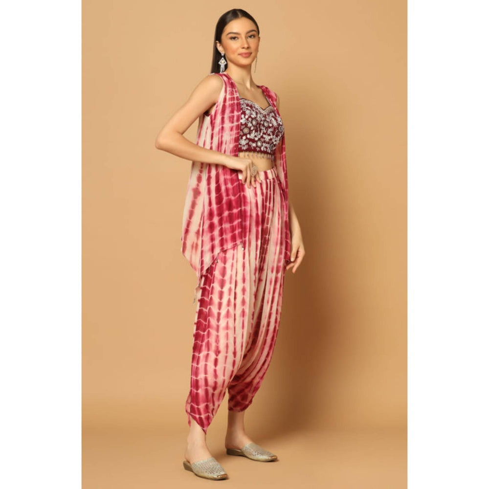 "Two Sisters" by Gyans Women Maroon Georgette Tie & Dye Blouse with Dhoti and Cape