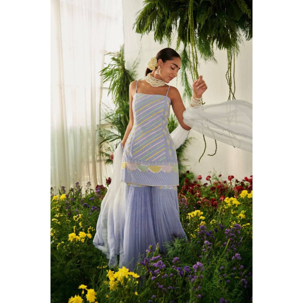 "Two Sisters" by Gyans Blue Gharara Set With Pastel Applique Work