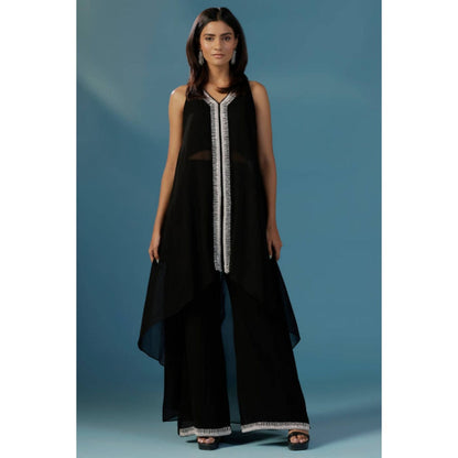 "Two Sisters" by Gyans Black Georgette Solid/Plain V-Neck Kurta And Palazzo