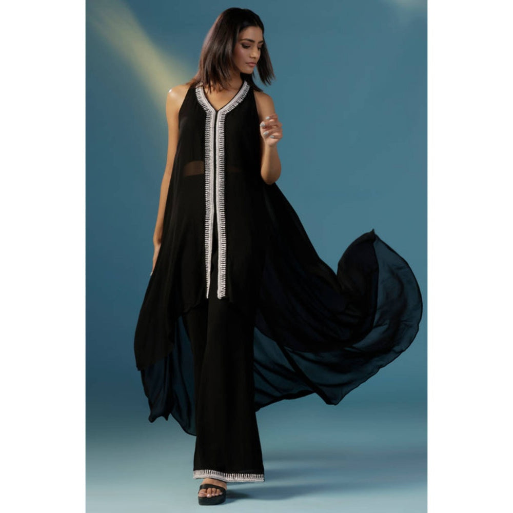 "Two Sisters" by Gyans Black Georgette Solid/Plain V-Neck Kurta And Palazzo