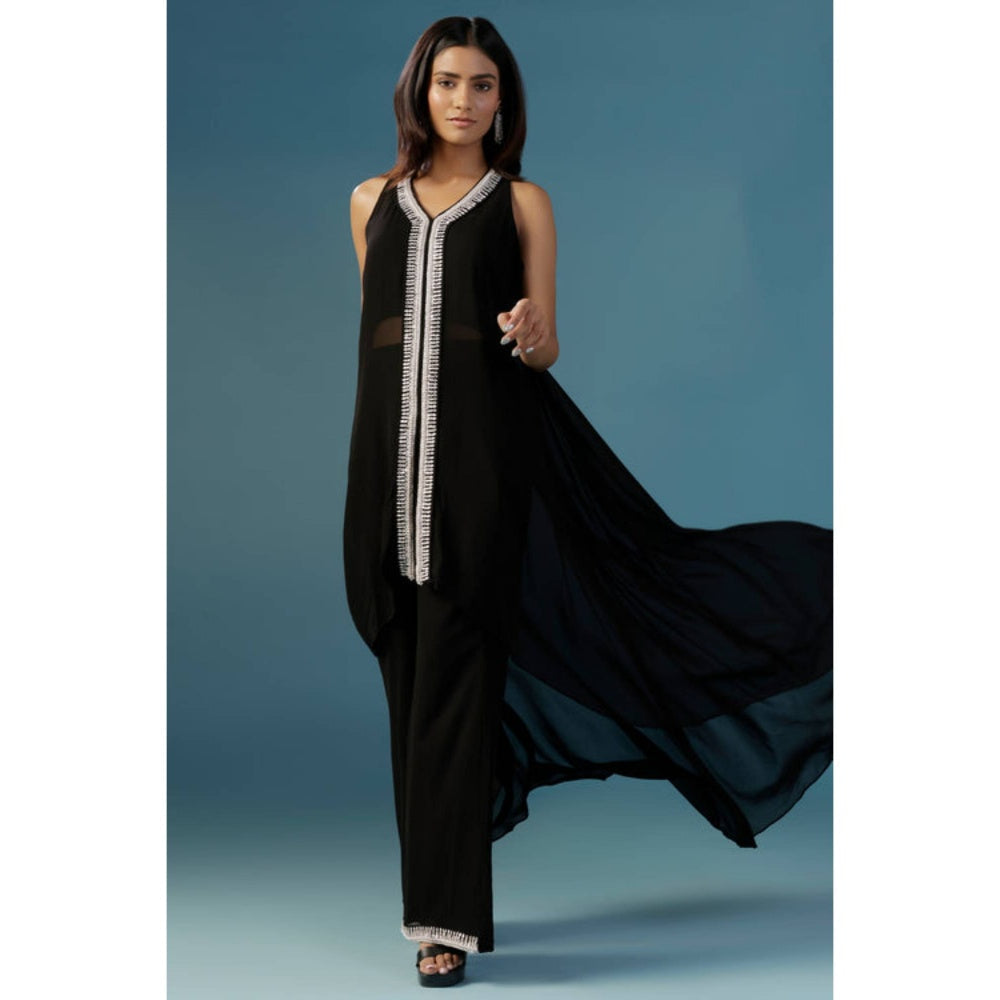 "Two Sisters" by Gyans Black Georgette Solid/Plain V-Neck Kurta And Palazzo