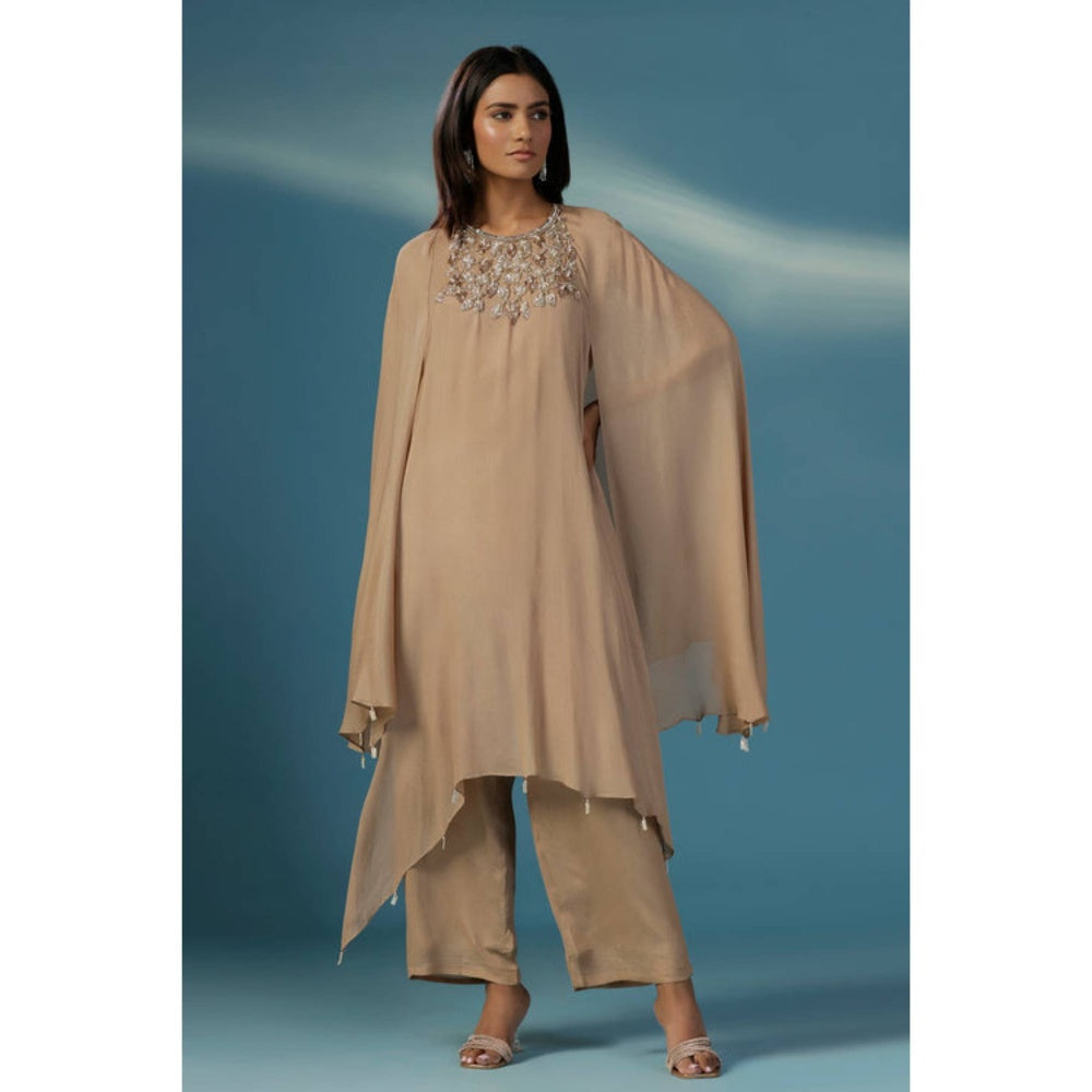 "Two Sisters" by Gyans Golden Shimmer Georgette Cape Kurta Set With Nakshi And Zardozi