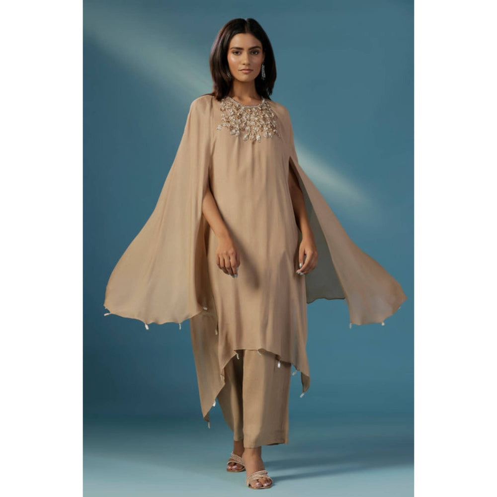 "Two Sisters" by Gyans Golden Shimmer Georgette Cape Kurta Set With Nakshi And Zardozi