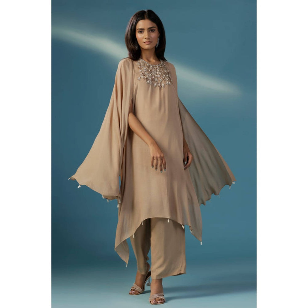 "Two Sisters" by Gyans Golden Shimmer Georgette Cape Kurta Set With Nakshi And Zardozi