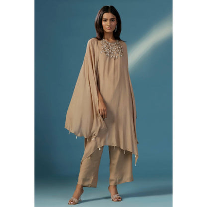 "Two Sisters" by Gyans Golden Shimmer Georgette Cape Kurta Set With Nakshi And Zardozi