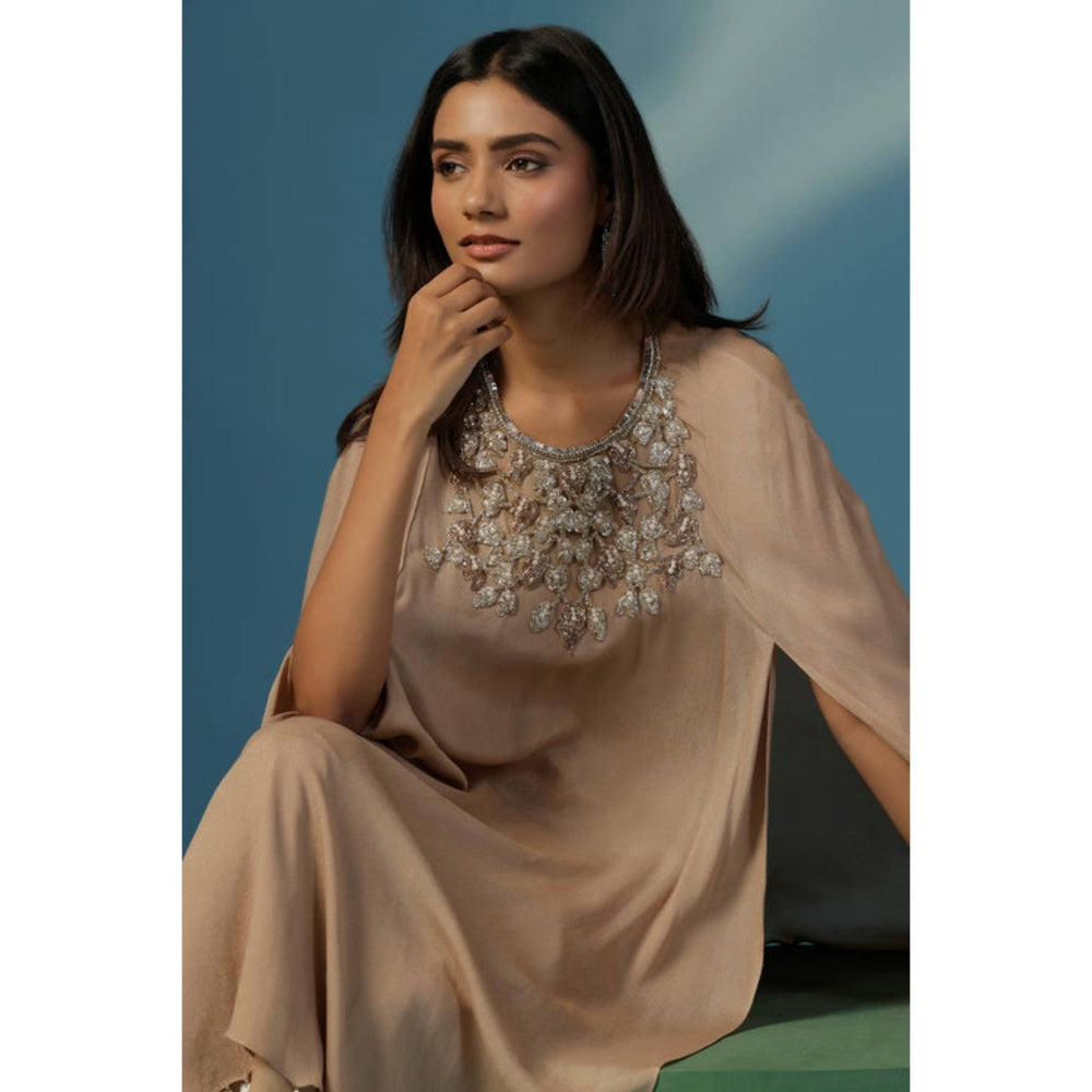 "Two Sisters" by Gyans Golden Shimmer Georgette Cape Kurta Set With Nakshi And Zardozi