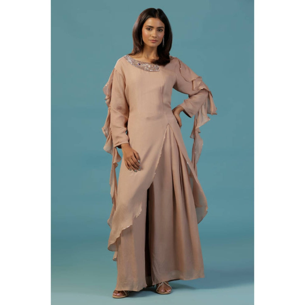 "Two Sisters" by Gyans Gold Chinon Kurta Set With Hand Embellished Neckline