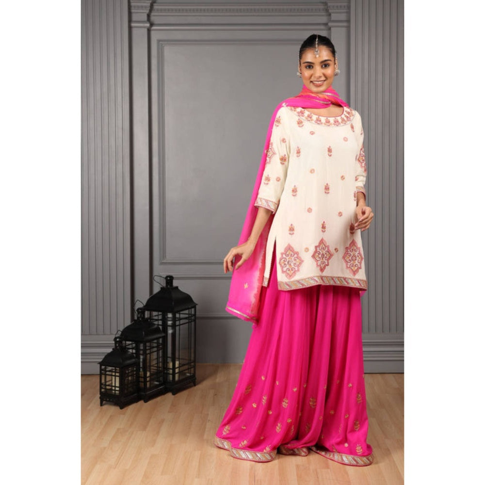 "Two Sisters" by Gyans Off-White And Pink Embroidered Sharara Set