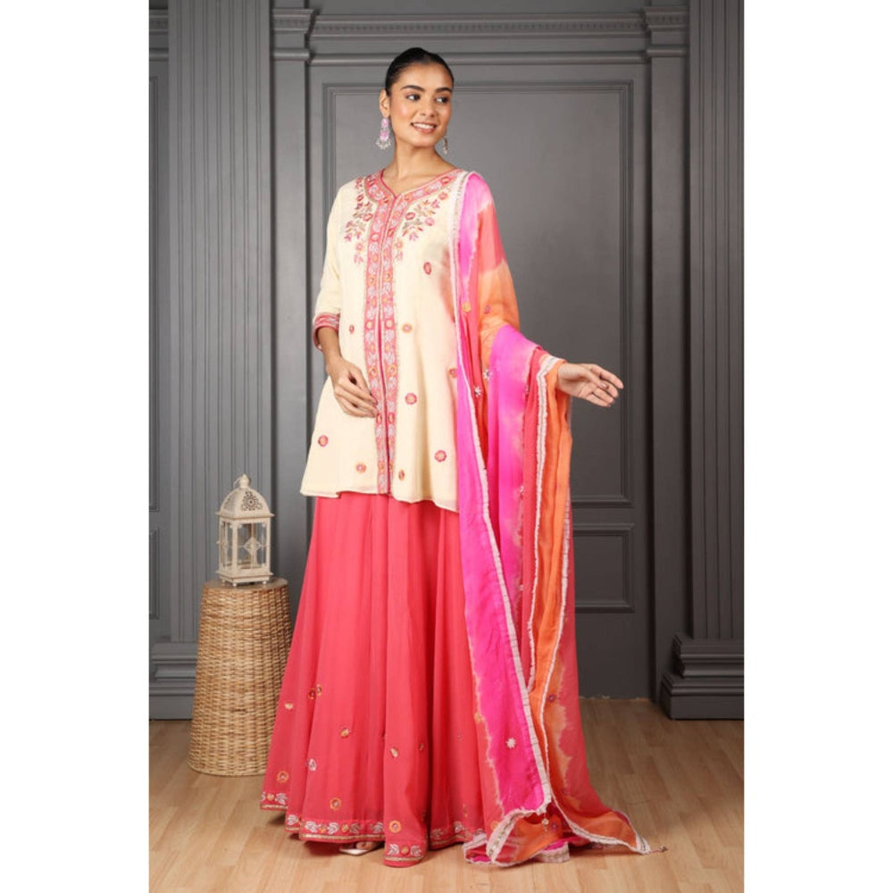 "Two Sisters" by Gyans Women Pink Silk Embroidered Kurti with Palazzo and Dupatta