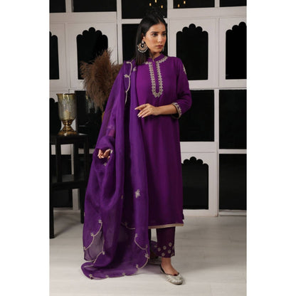 "Two Sisters" by Gyans Women Purple Georgette Embroidered Kurta with Pant and Dupatta