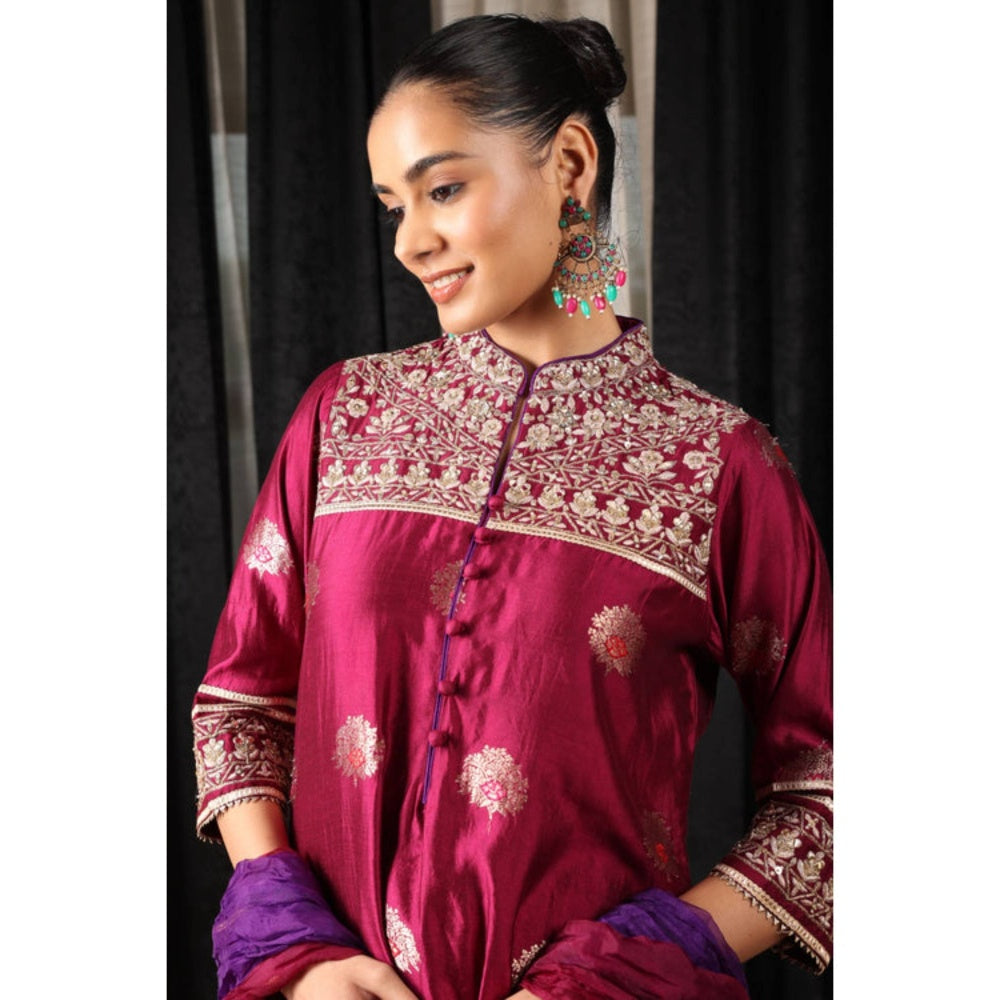 "Two Sisters" by Gyans Maroon Silk Embroidered Mandarin Neck Kurta With Pant And Dupatta