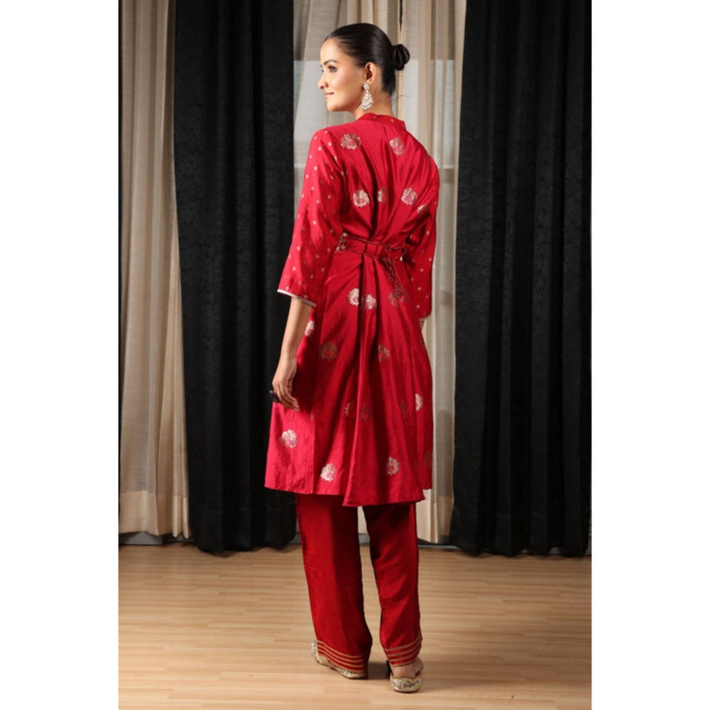 "Two Sisters" by Gyans Red Chanderi Silk Embroidered Mandarin Neck Kurta And Pant