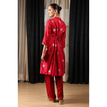 "Two Sisters" by Gyans Red Chanderi Silk Embroidered Mandarin Neck Kurta And Pant