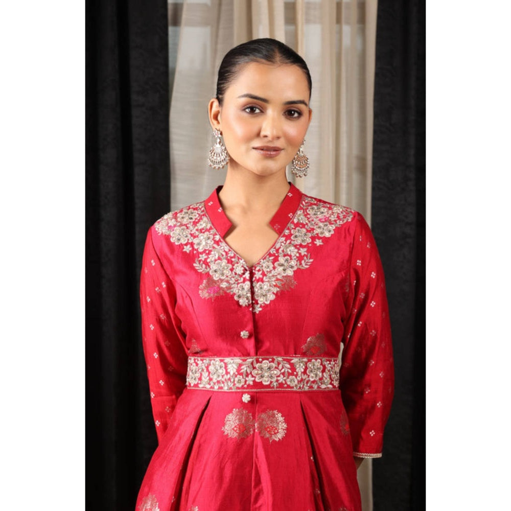 "Two Sisters" by Gyans Red Chanderi Silk Embroidered Mandarin Neck Kurta And Pant