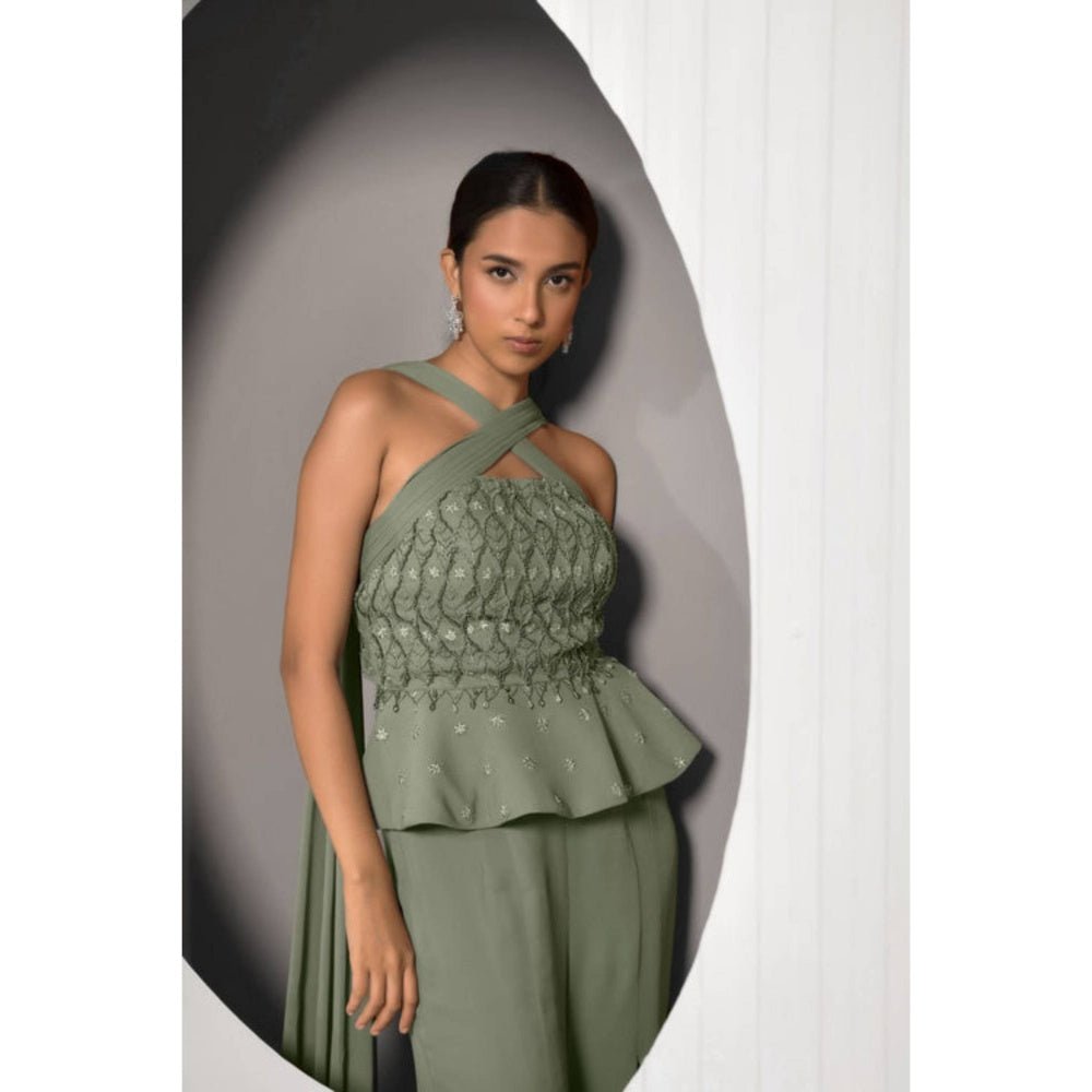 "Two Sisters" by Gyans Green Georgette Embroidered Halter Neck Top And Palazzo
