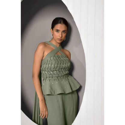 "Two Sisters" by Gyans Green Georgette Embroidered Halter Neck Top And Palazzo